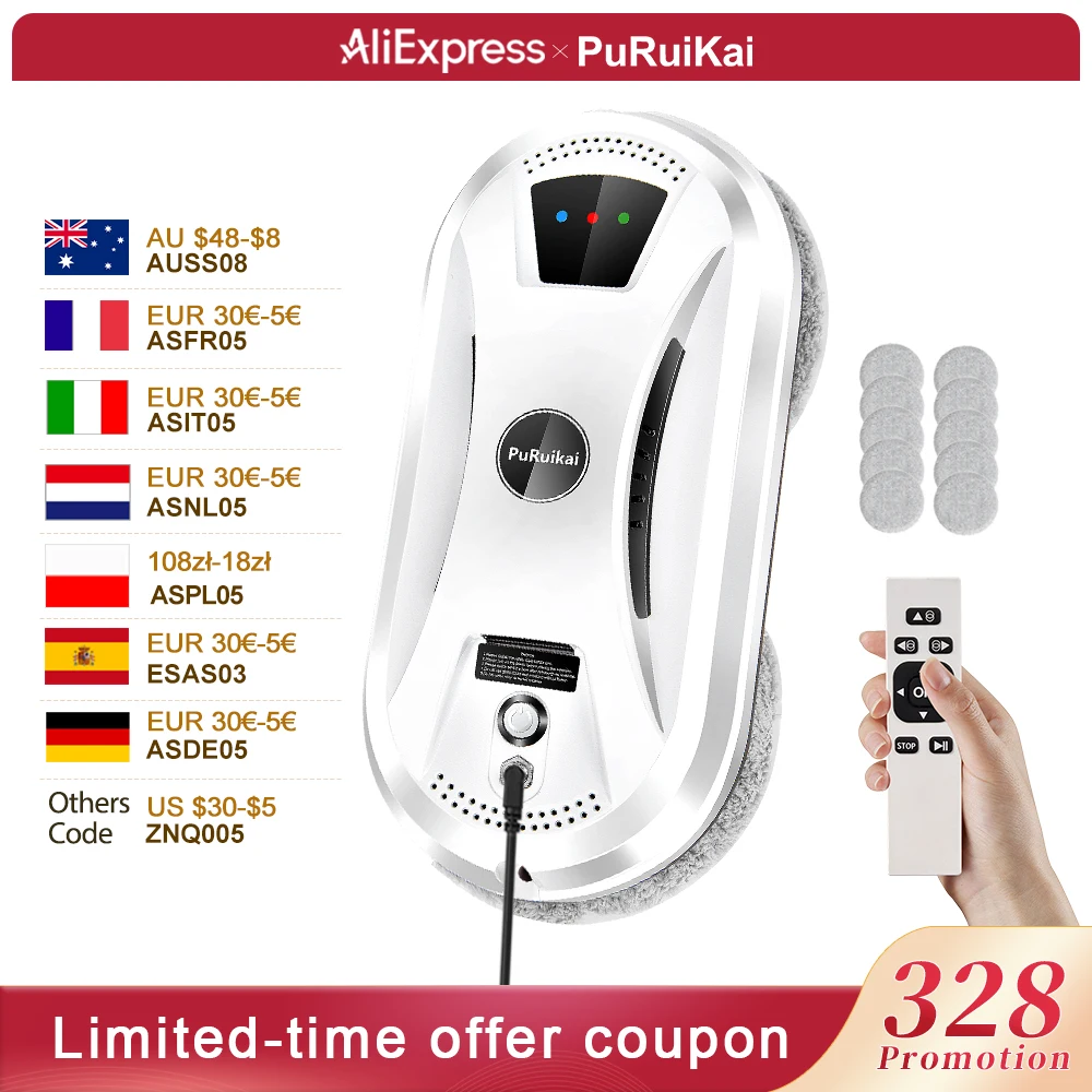 PuRuiKai Ultraflacher Roboter-Staubsauger Fensterputzroboter Elektrischer Glasreiniger mit Fernbedienung für Zuhause Image