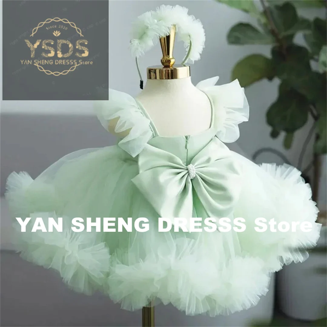 Kommunionkleider Blumenmädchenkleider Hellgrün Geburtstagsfeier Bankett Heiliger Tüll Puffy mit Schleife ärmellos für Hochzeit Image