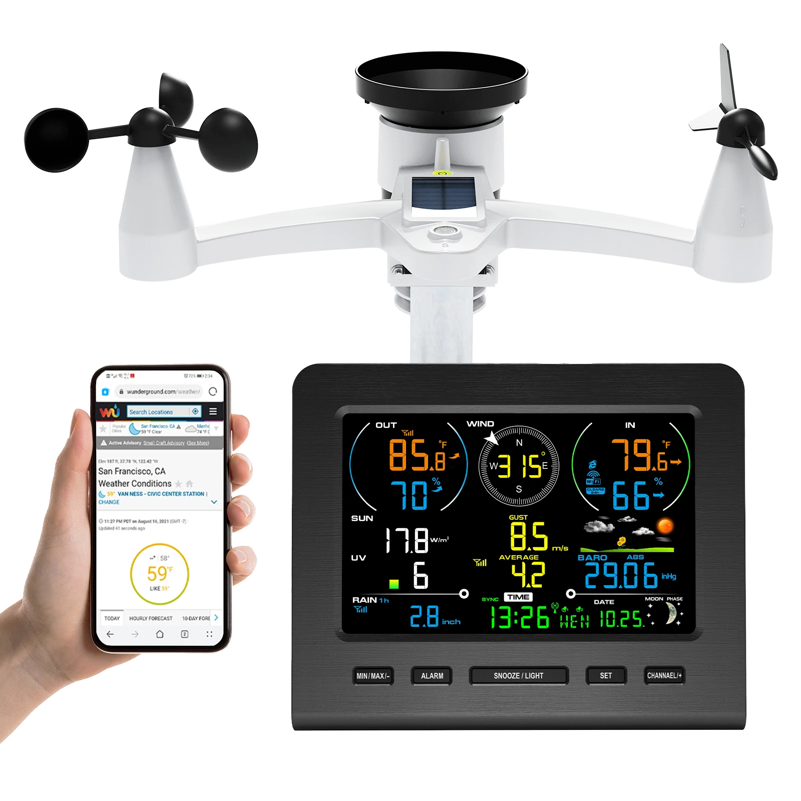 Station météo sans fil WiFi 8 en 1, avec application Mobile à énergie solaire, moniteur météo intérieur/extérieur, prévisions de pluie/vent/capteur UV