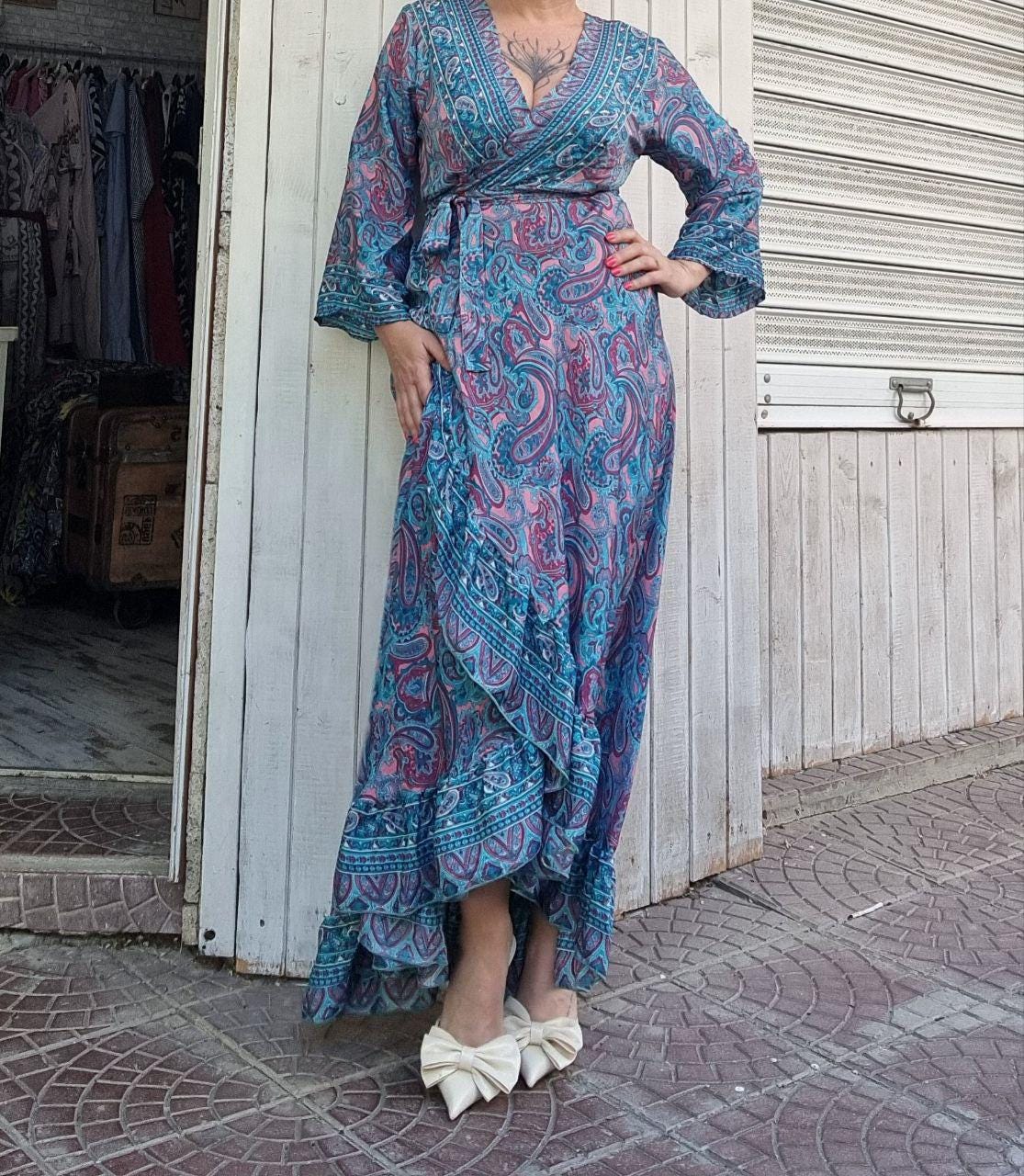 Abito lungo boho da donna, abito a portafoglio floreale, abito con maniche a kimono, abito estivo svolazzante, completo per vacanze al mare
