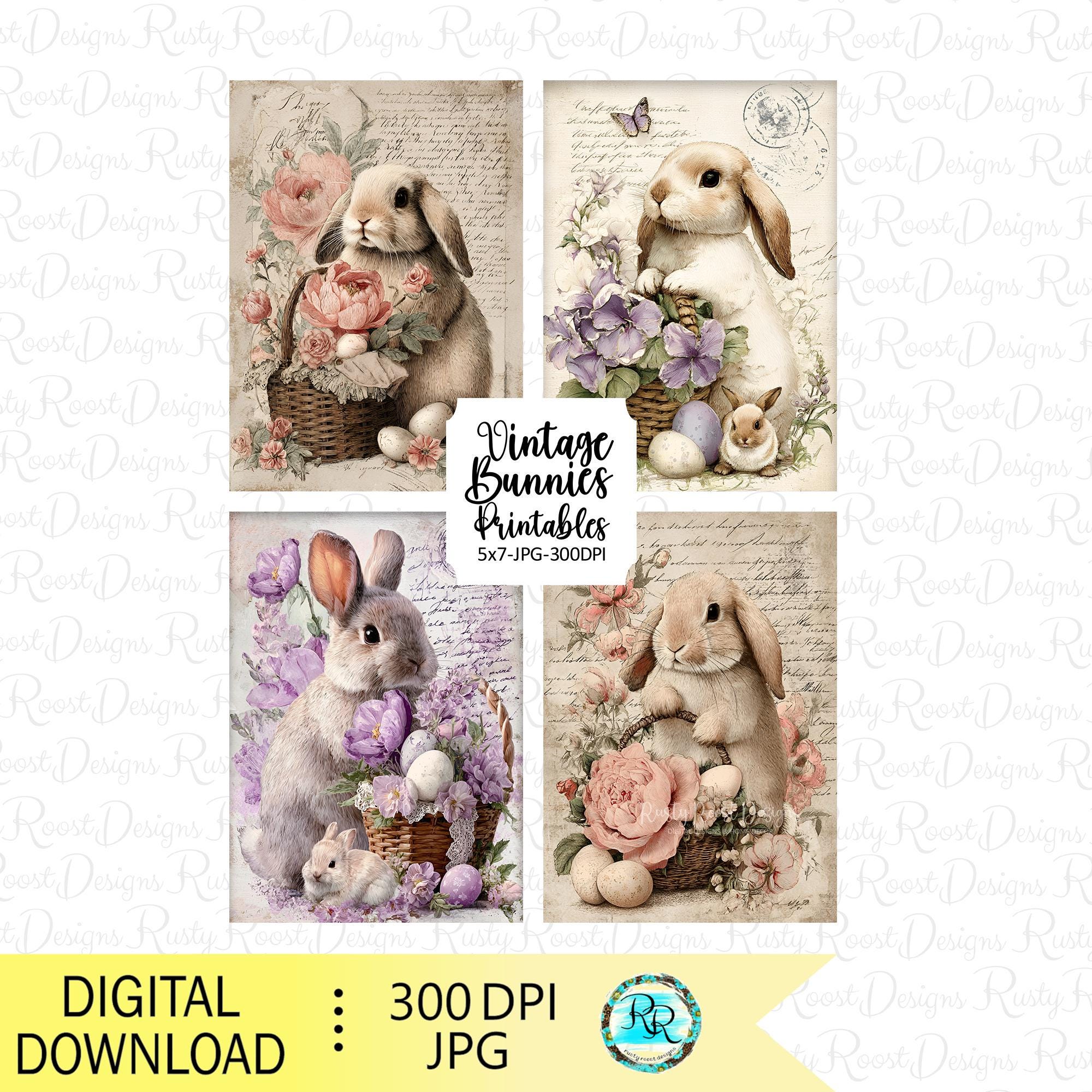 Set di 4 stampe di coniglietti vintage, decorazioni murali pasquali 5x7, coniglietti cottage chic, download digitale