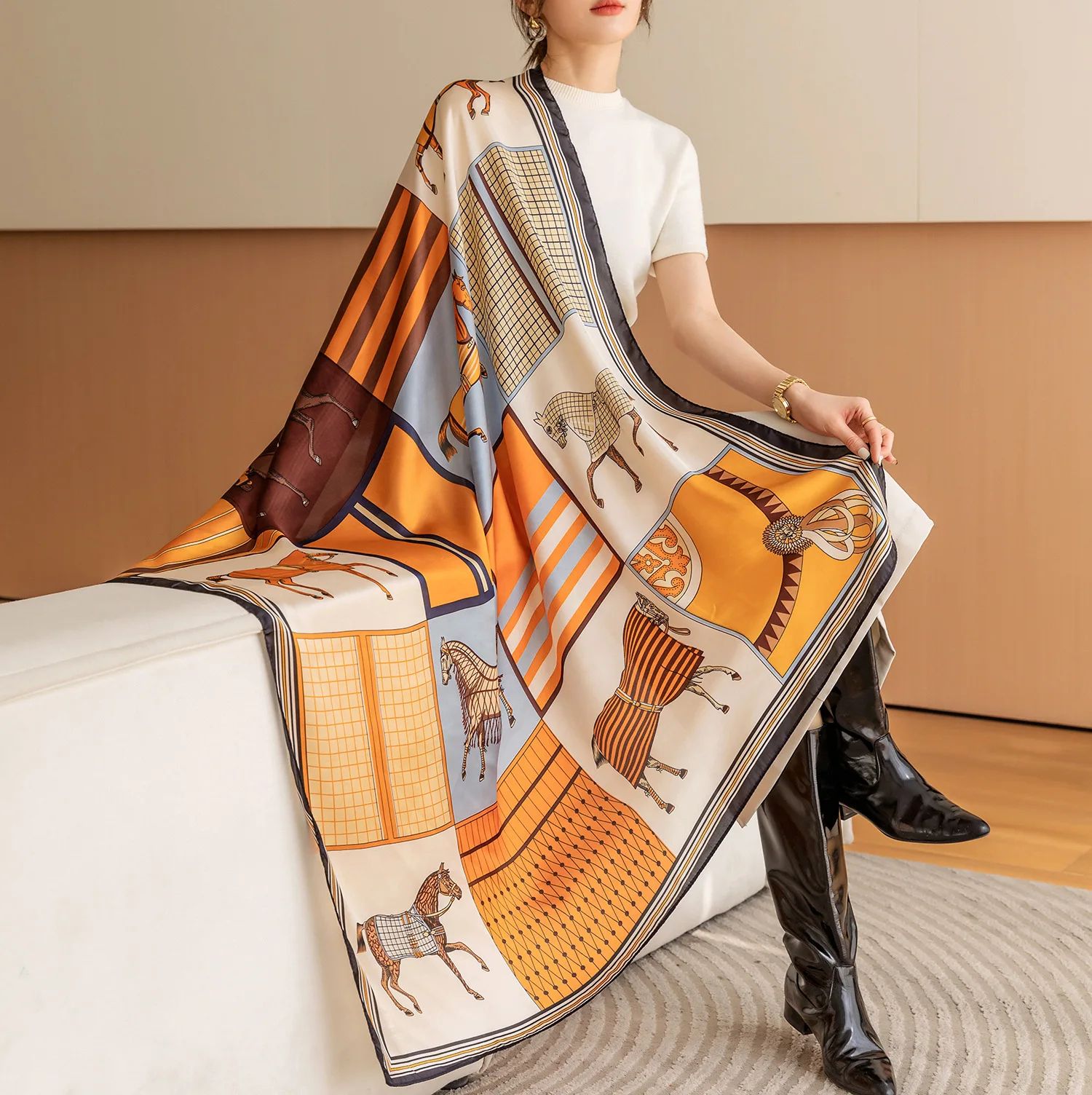 Luxury Horse Print Square Scarf For Women Vintage Silk Like Animal Shawl Head Wrap orange Blue