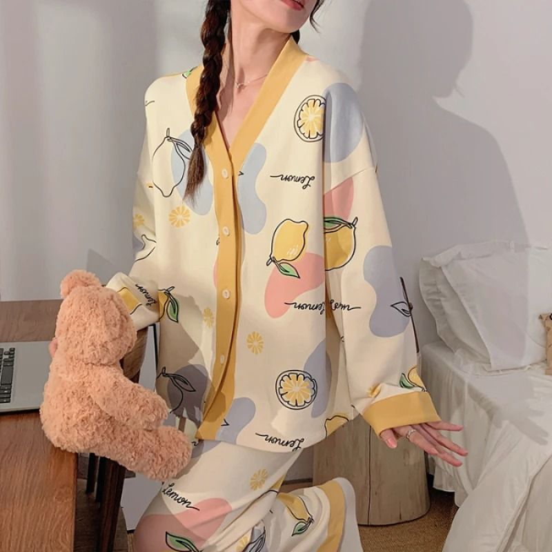 Y2K Cartoon Pajama Set Fresh Style Spring Fall Homewear yellow Lemon l