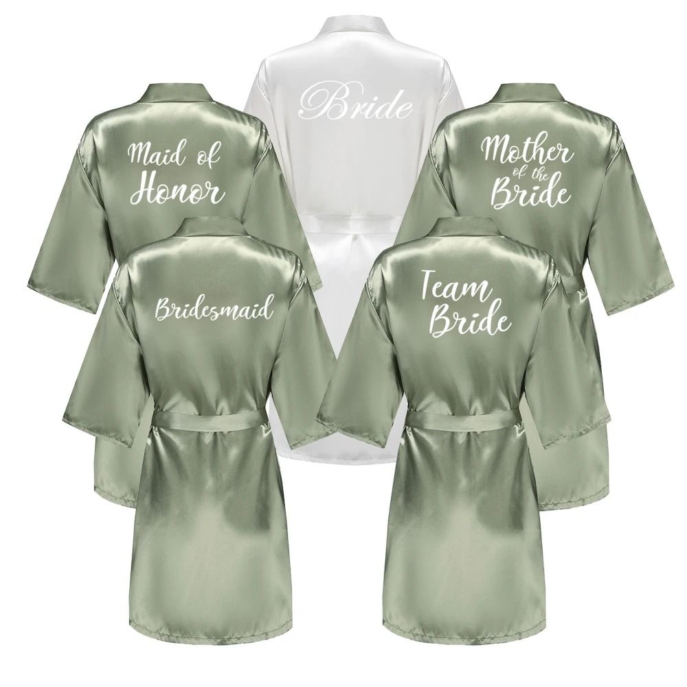 Grass Green Satin Bride And Bridesmaid Short Robe For Wedding Party a s