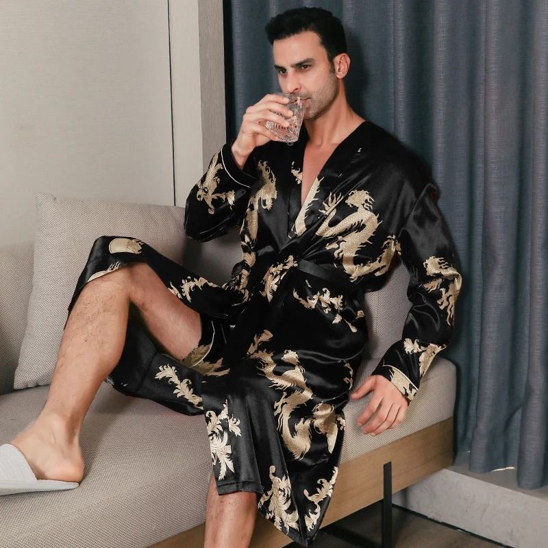 Mens Ice Silk Oversized Bathrobe Professional Long Sleeved Spring Autumn Nightgown & Summer Home Clothing kj7004 2xl