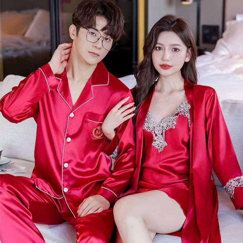 Luxury Silk Satin Couples Nightwear Set Women Sexy Nightdress With Men Long Sleeve Pants & Robe Sleepwear champagne women Us (610) Xl (121143