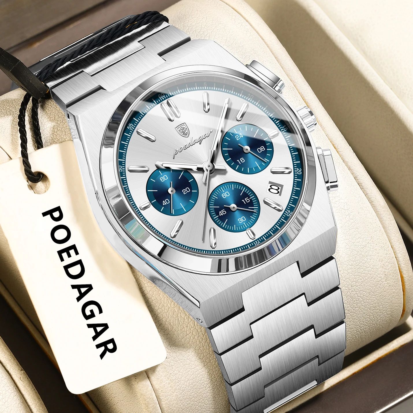 POEDAGAR Executive Chronograph Stainless Steel Men's Quartz Watch With Luminous Date gold Green White