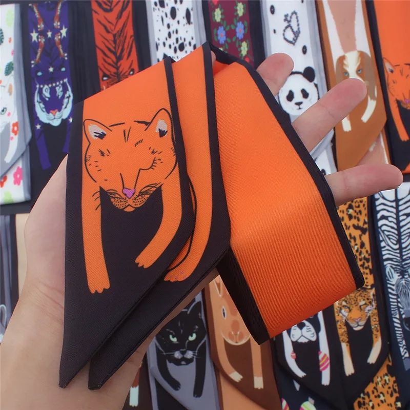 Luxury Animal Print Silk Skinny Scarf Designer Bag Ribbon & Fashion Hair Tie bright Orange