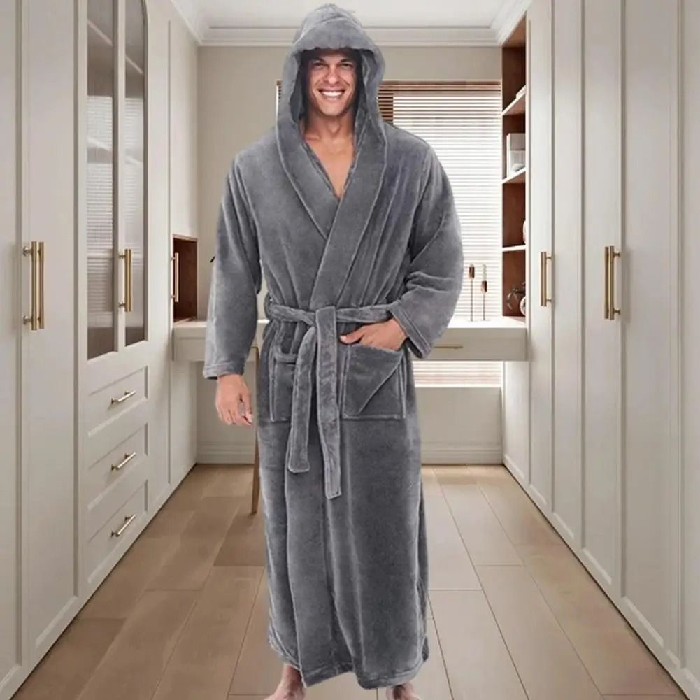Mens Hooded Flannel Long Bathrobe Soft Fluffy Home Gown gray xl