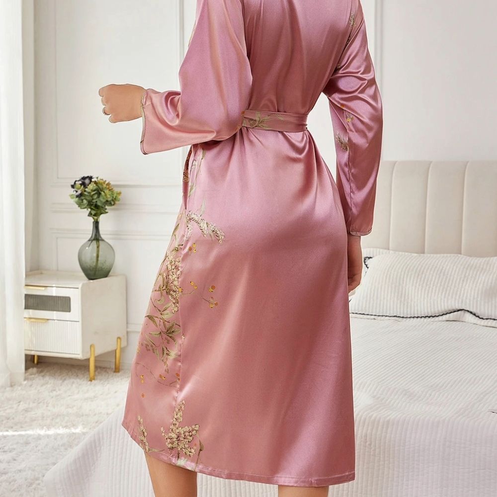 Elegant Floral Silk Robe For Women Loose Fit Long Sleeve Loungewear yellow m