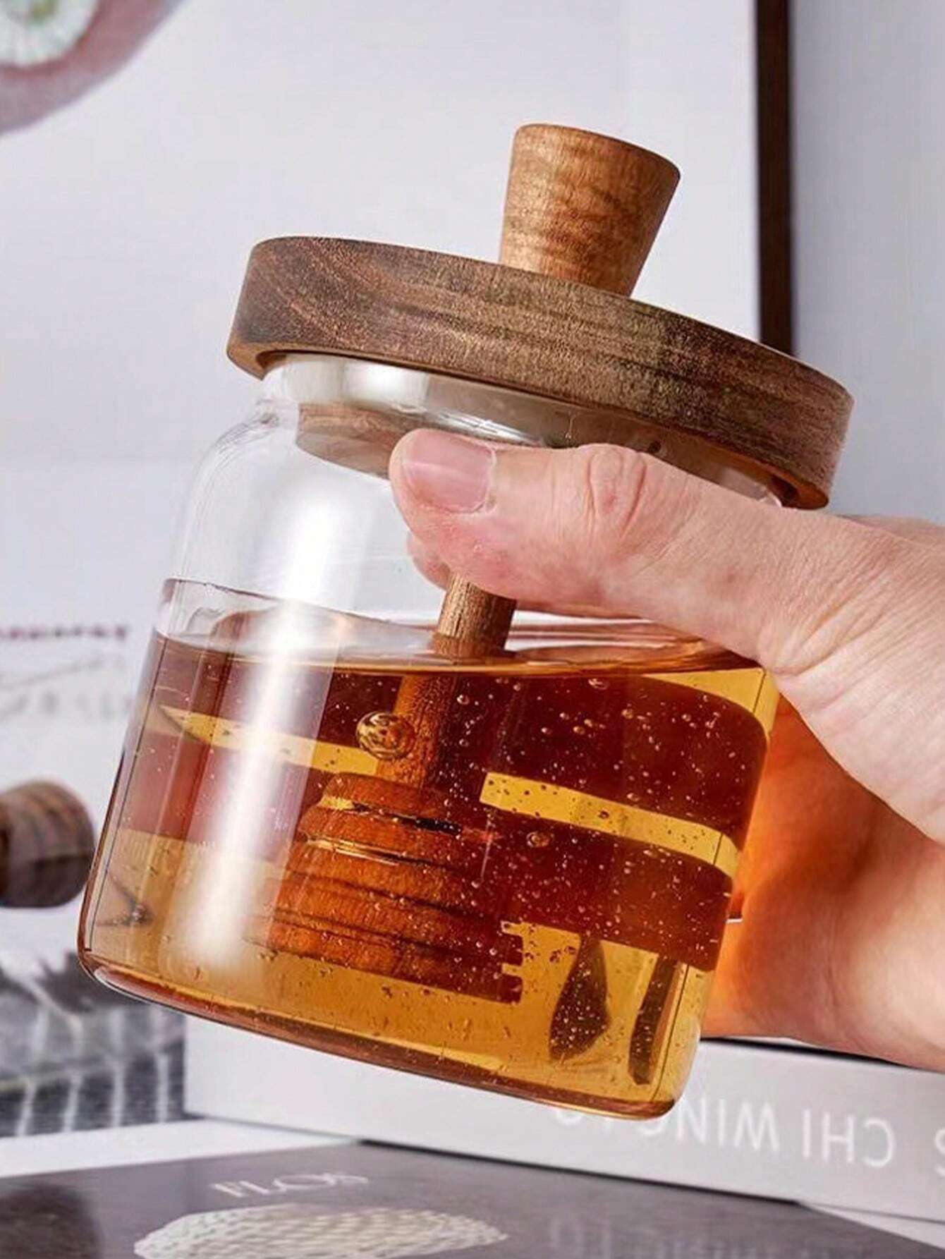 Glass Honey Jar With Wooden Cover Airtight Advanced Honey Pot And Mixing Rod 1pc