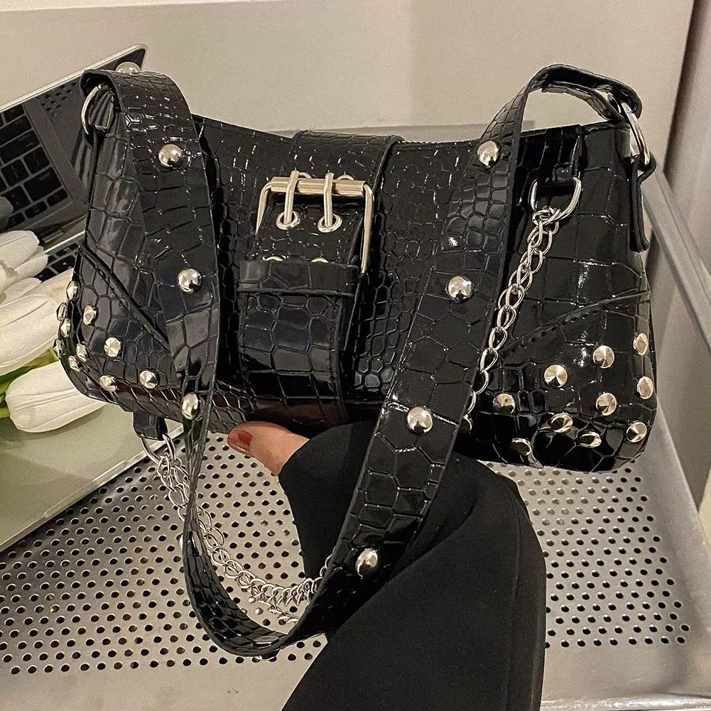 RetroRock Y2K Gothic Underarm Tote Bag For Women Edgy Shoulder Sling Purse silver