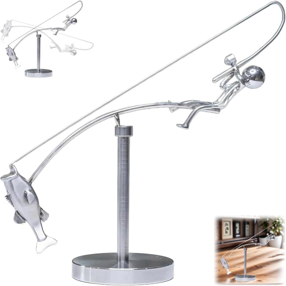 Kinetic Handmade Fishing Sculpture, Metal Fisherman Desk Ornament Gift, Balancing Statue For Fishing Enthusiasts Kinetic Handmade Fishing Sculpture, Metal Fisherman Desk Ornament Gift, Balancing Statue For Fishing Enthusiasts