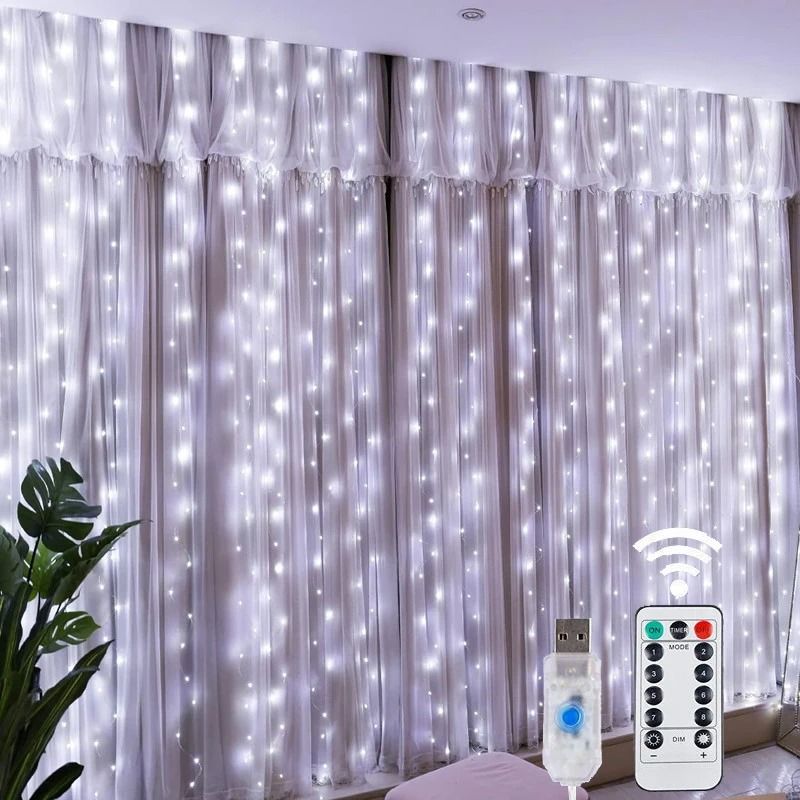 USB LED Curtain String Lights With Remote 8 Lighting Modes warm Lights 100 Leds