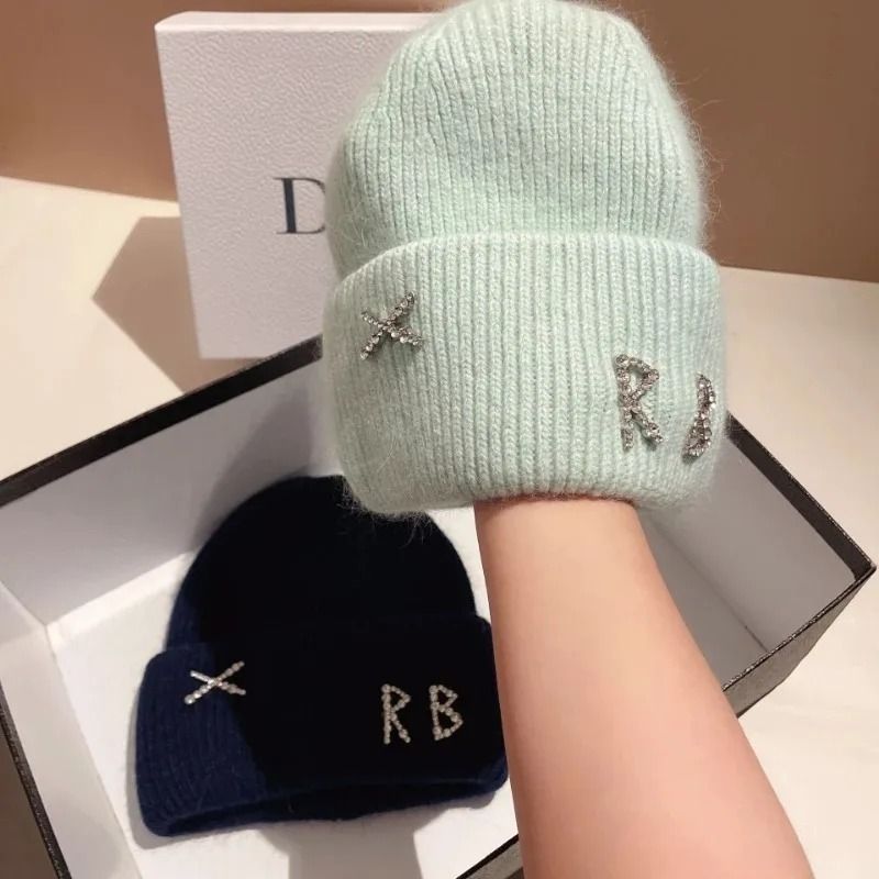 Diamond Embellished Rabbit Fur Blend Thermal Beanie navy Blue
