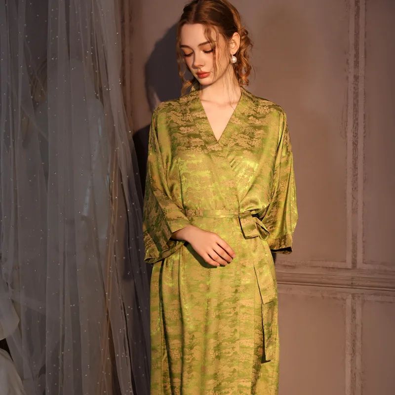 Silk Jacquard Kimono Robe Luxury Satin Ice Silk Long Womens Bathrobe green Long Robe B plus Size