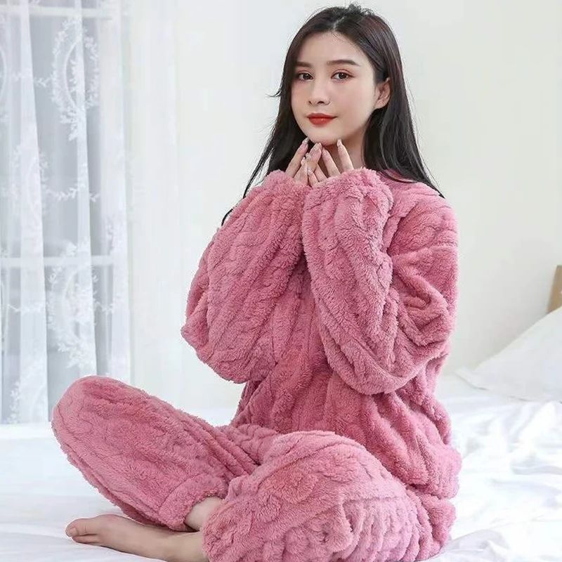 Women Autumn Warm Ribbed Velvet Fleece Pajama Set blue one Size