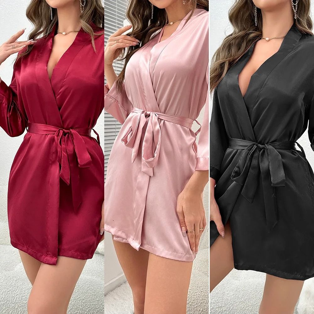 Short Satin Kimono Bride Bridesmaid Getting Ready Robe For Women black xl