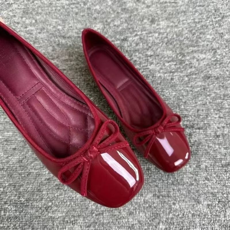 Women's French Style Square Toe Loafers With Bowknot, Soft Sole Shallow Slip Ons For Office And Driving red 39(us 7)
