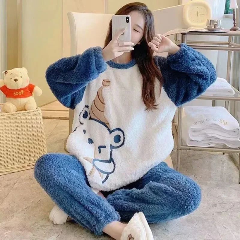 Women Winter Thick Flannel Coral Velvet Pajama Set With Cartoon Bear apricot xxl(70 80kg)
