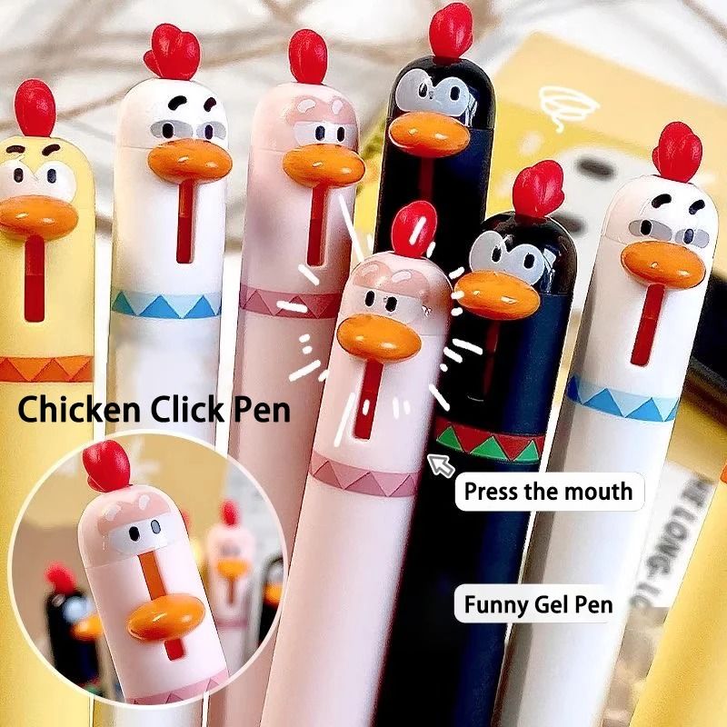 Funny Chicken Click Gel Pen 0.5mm Fast Drying Stress Relief Toy & Cute Korean Stationery For School black (3 Pcs)