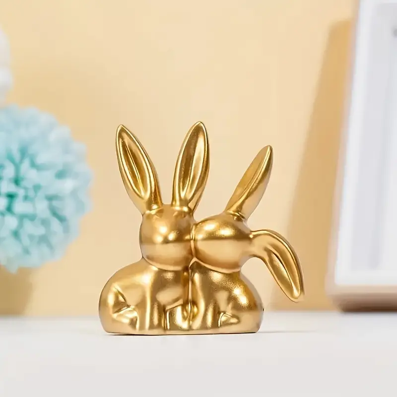 Collectible Figurine, Golden Cute Double Rabbit Ornament For Creative Home Desktop Decor Collectible Figurine, Golden Cute Double Rabbit Ornament For Creative Home Desktop Decor