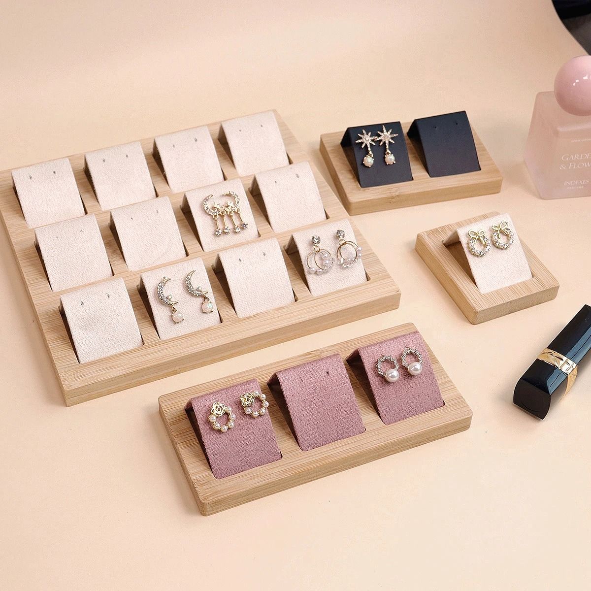 Bamboo Wood Earring Display Stand Velvet & PU Leather Jewelry Tray 2 Grid Pink