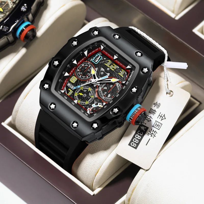 Barrel Hollow Luminous Men's Quartz Watch With Calendar Tonneau Sport Design black Tape