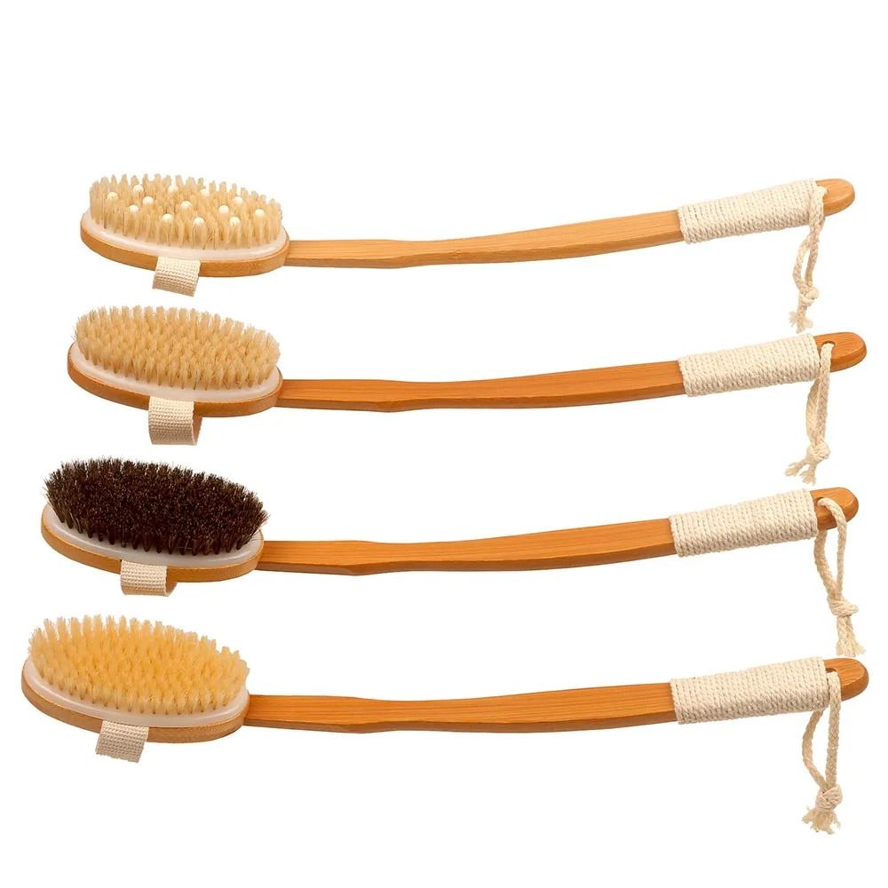 Bamboo Long Handle Bath Brush With Natural Boar Bristles Foldable Back Scrubber black