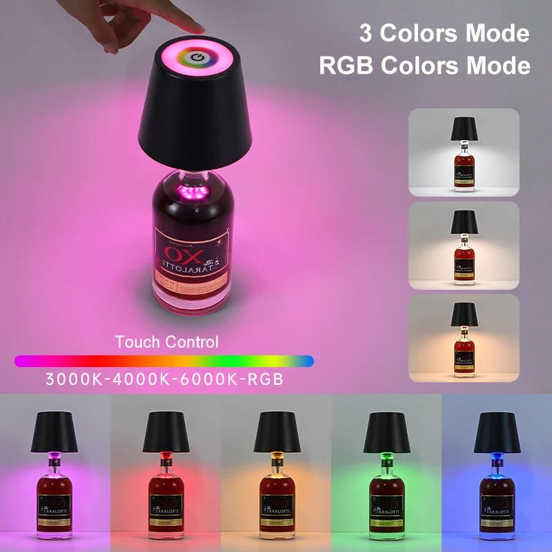 Rechargeable LED Wine Bottle Table Lamp With Touch Control & RGB Dimmable Light For Restaurants And Outdoor Parties style B White rgb Mode