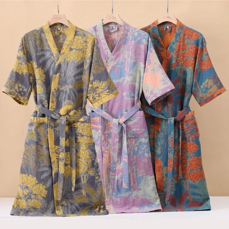 Cotton Printed Kimono Bathrobe Quick Dry Summer Home Wear 07 xl