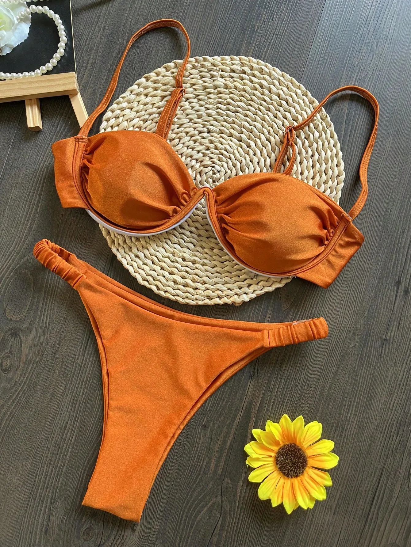 2025 3D Flower V Wire Micro Bikini Set Underwired Pleated Thong Swimsuit For Women orange 4