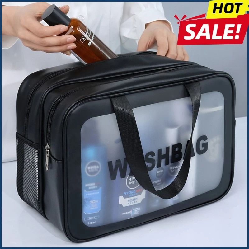 Dry Wet Separation Transparent PU Makeup And Travel Toiletry Bag blue (large)