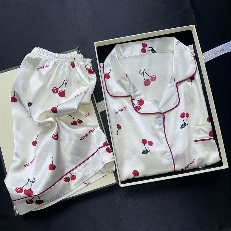Women Cherry Print Satin Style Pajama Set With Top And Shorts c xl