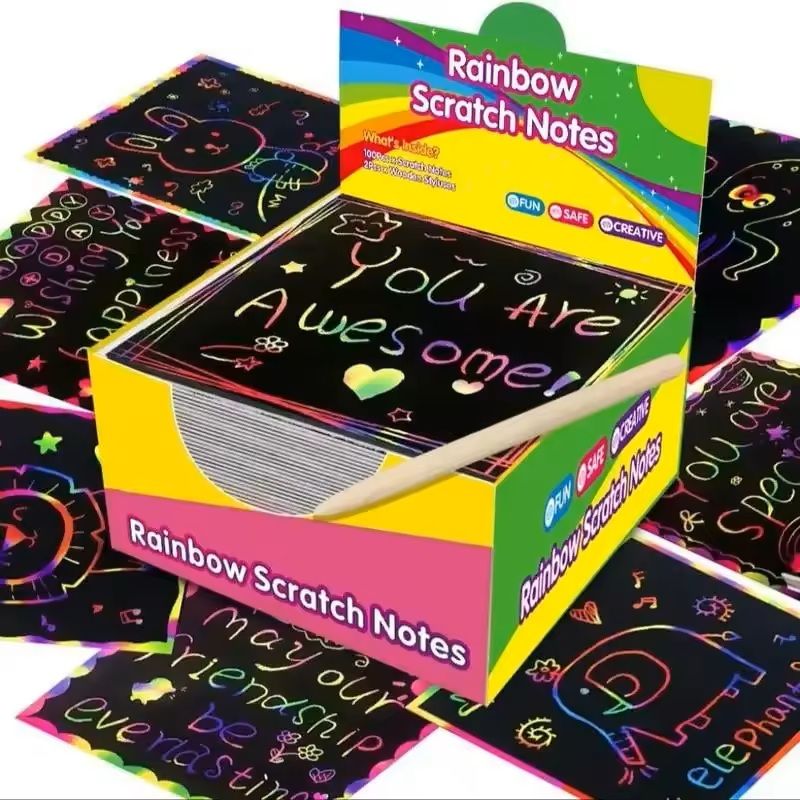 100 Sheet Rainbow Scratch Memo Box Magical Mini Art Notes For Kids Crafts & DIY Party Activities 150 Sheets