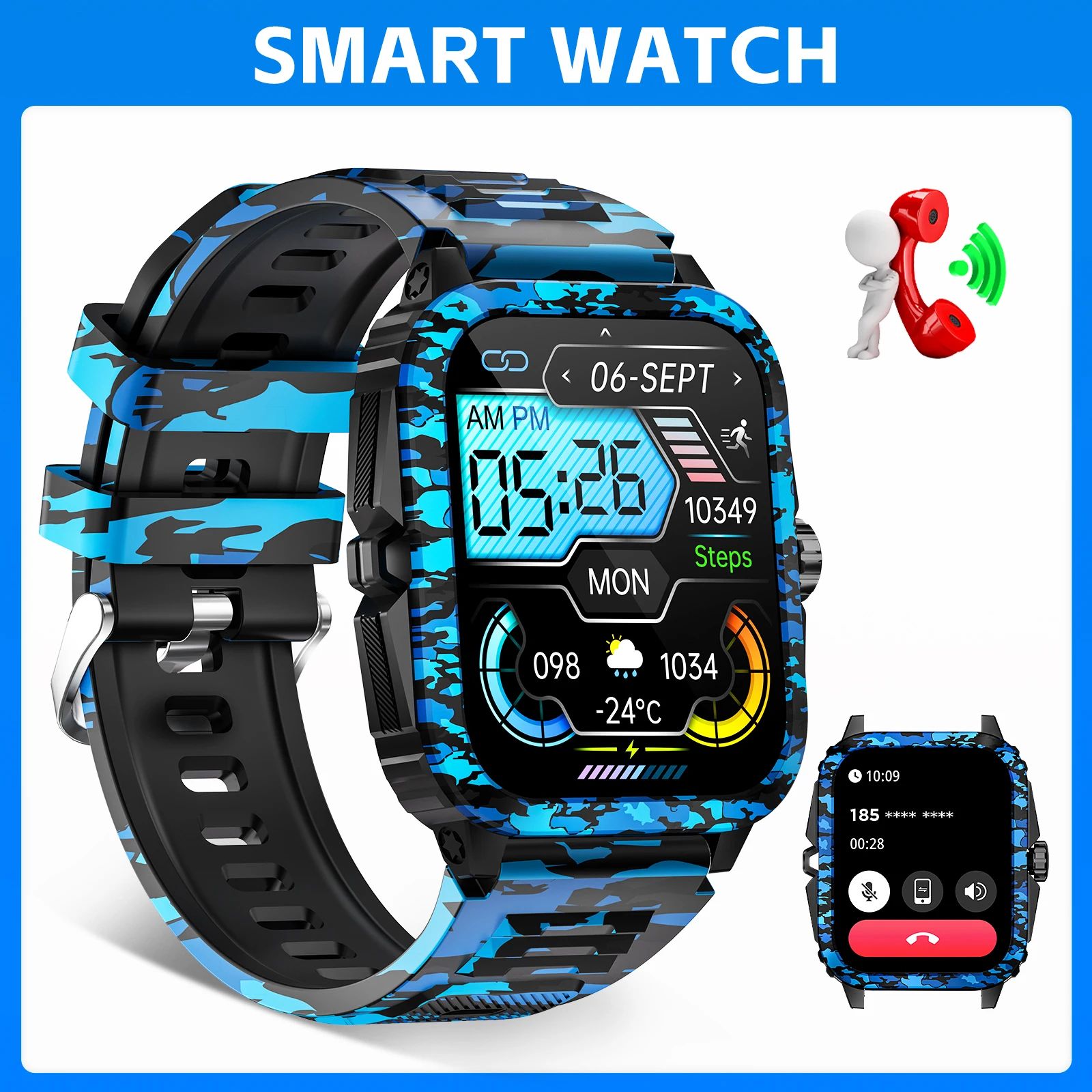 LaNikar KT71 Bluetooth Calling Fitness Smartwatch camouflage Blue