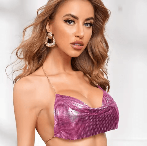 Womens Metallic Halter Crop Top Glitter Backless Corset Cami rose Red one Size