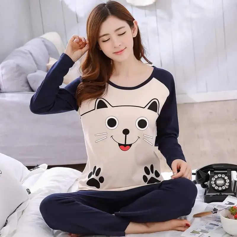 Women Autumn Thin Bear And Cat Print Pajama Set e xxl