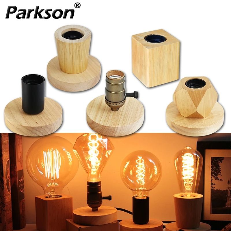 Retro Vintage Wood Table Lamp E27 Night Light & Floor Decor polygon