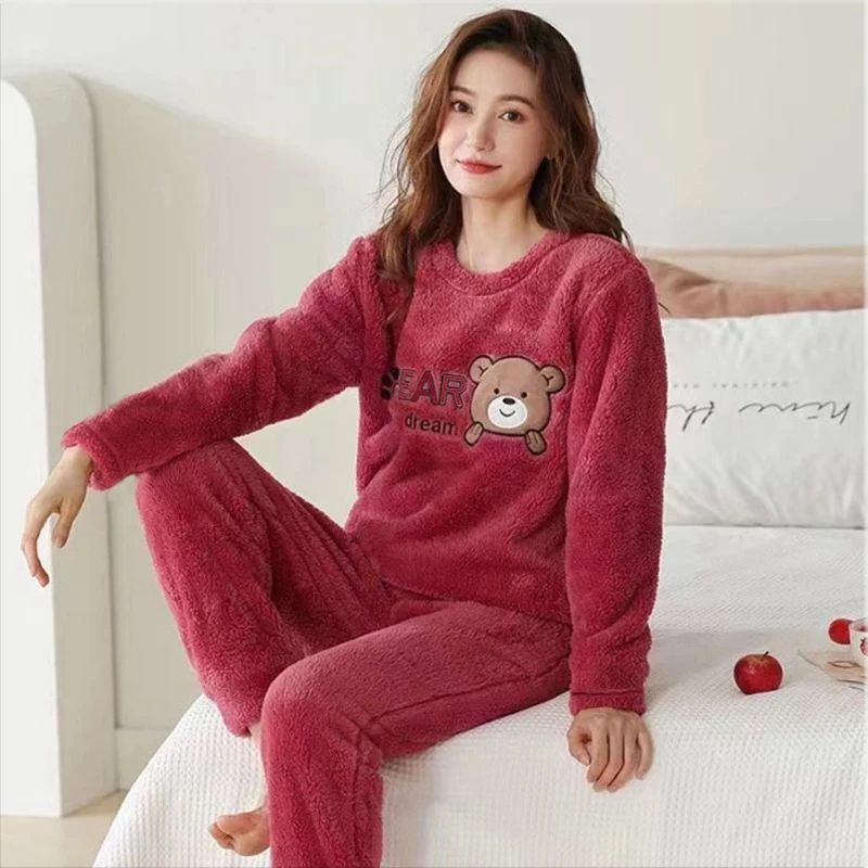 Women Winter Thick Flannel Coral Velvet Bear Pajama Set pink xl(60 70kg)