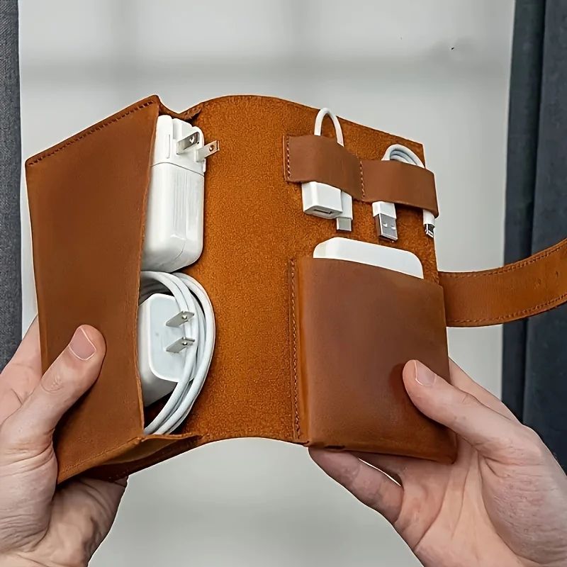 PU Leather Multi Compartment Tech Organizer Portable Cable & Accessories Storage Case brown