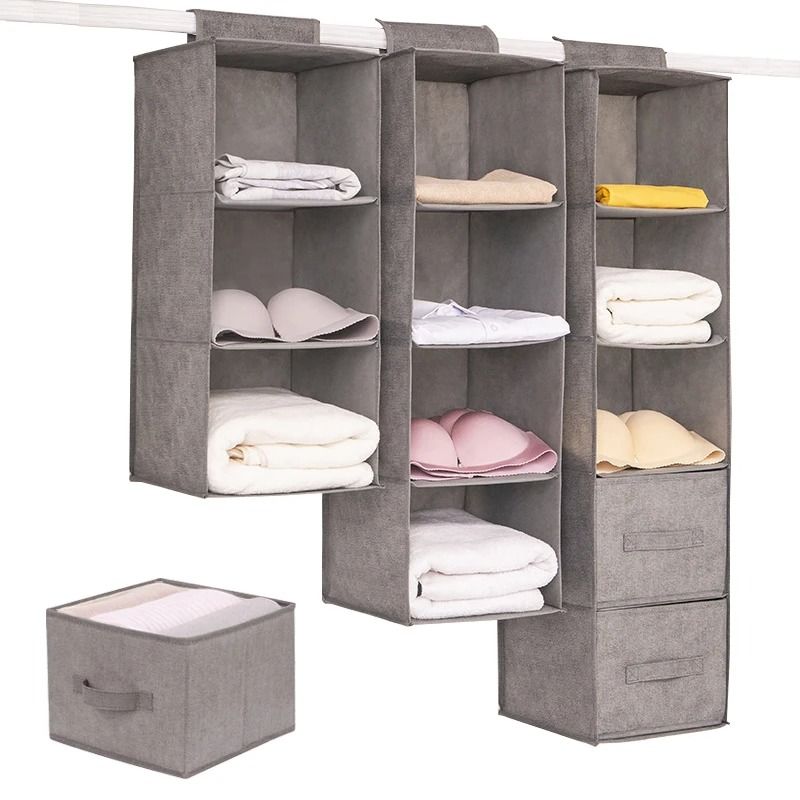 Collapsible Wardrobe Hanging Storage Organizer With Drawer Shelves gray (4 Layers)