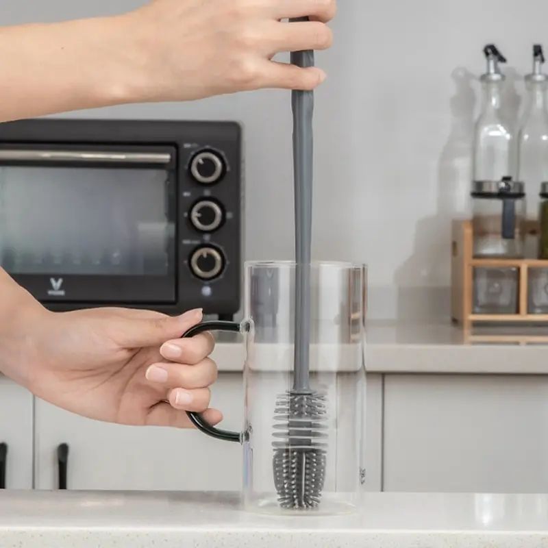 Long Handle Silicone Bottle Cleaning Brush Kitchen Bottle Brush & Thermos Glass Cleaning Tool grey