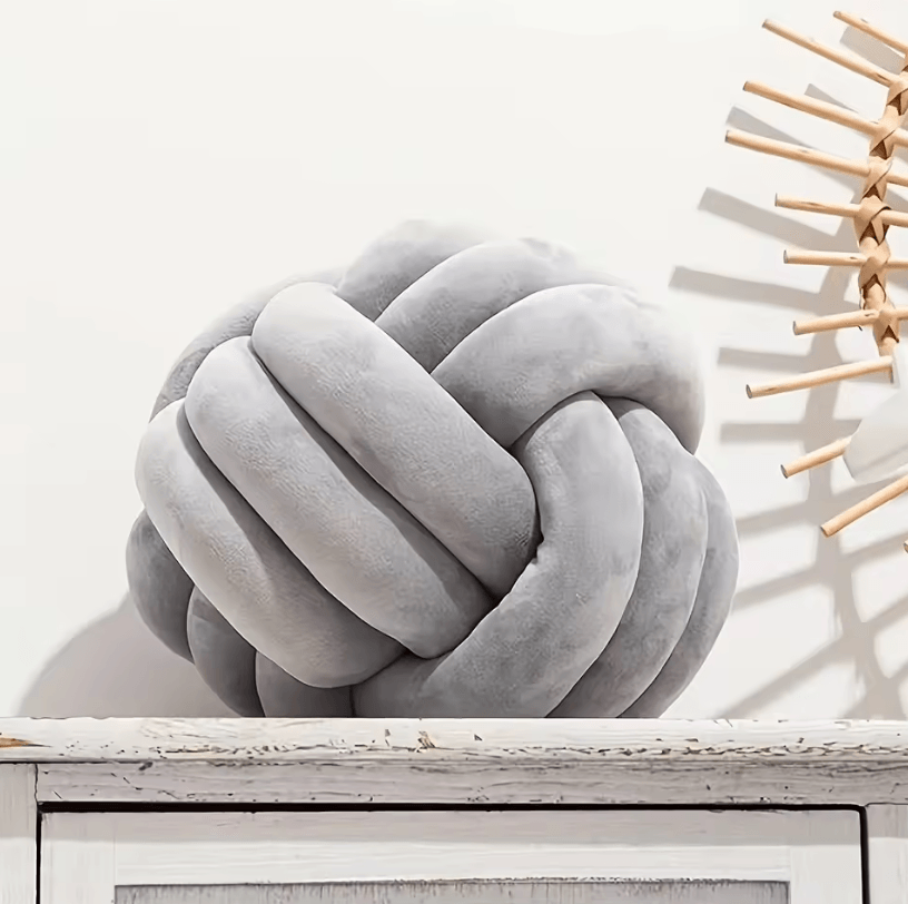 PlushKnot 9x9 Inch Round Knotted Throw Pillow Soft Handwoven Ball Cushion For Sofa, Bed & Home Decor gray small