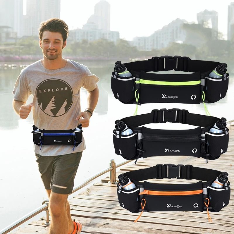 Dual Pocket Marathon Running Waist Pack With Phone And Water Bottle Holder blue 2 Bottle
