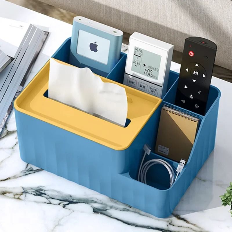 Multifunctional Desktop Tissue Storage Box With Remote Organizer beige (6 Squares)