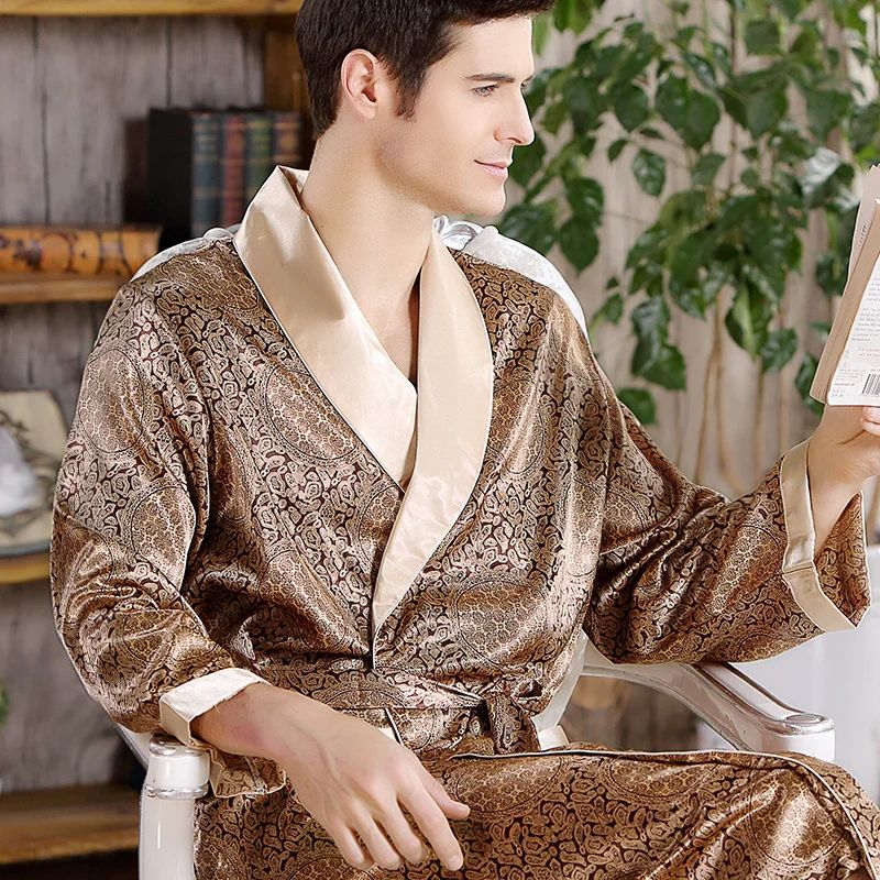 LuxeSilk Mens Satin Kimono Robe Lightweight Mens Silk Bathrobe In Big & Tall 5XL gold 4xl