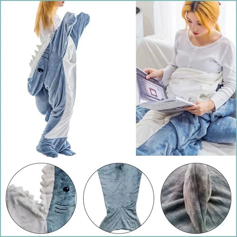Cozy Shark Sleeping Bag Flannel Pajama Onesie For Kids And Adults blue xxl