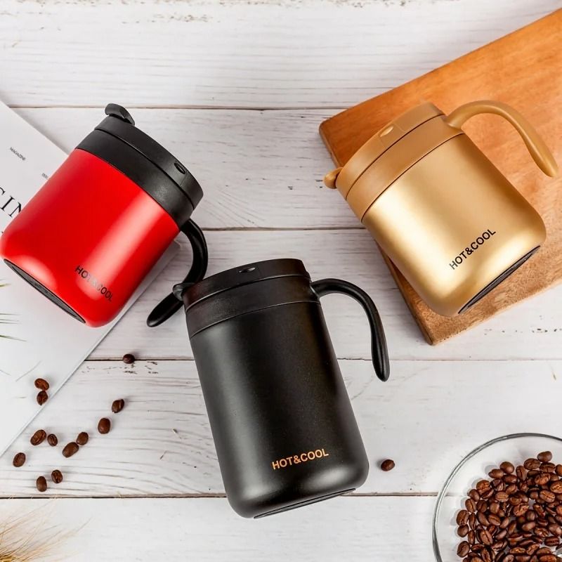 Simple Solid Color Stainless Steel Insulated Coffee Cup With Handle Wide Mouthed Large Capacity Office Mug black 500 Ml