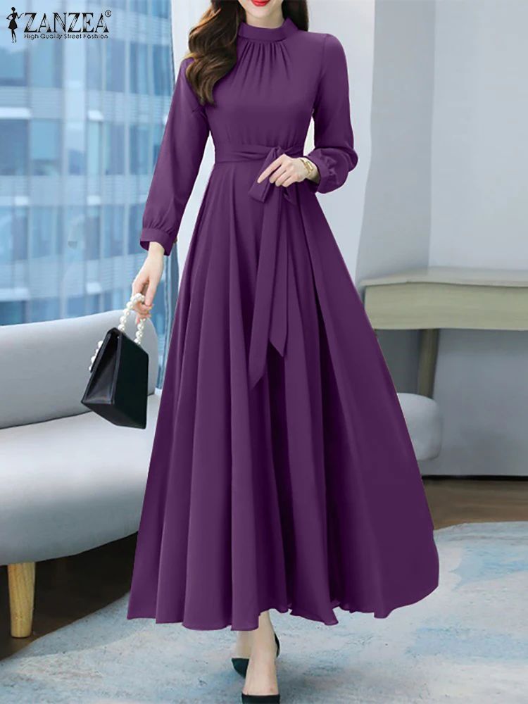 ZANZEA Vintage A Line Maxi Dress Long Sleeve Boho Sundress For Spring & Fall purple s(us 4)